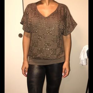 Oversized taupe top with bronze embellishments
